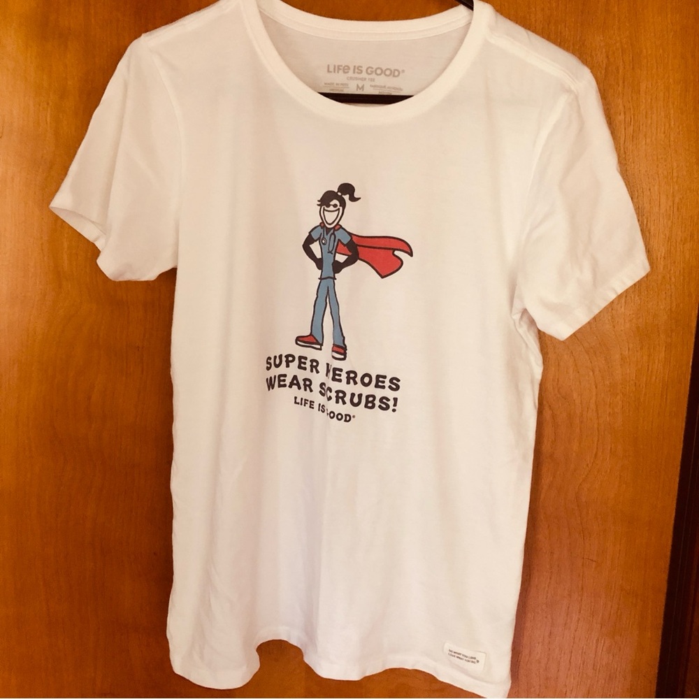 Life Is Good White Tee with Superhero Graphic